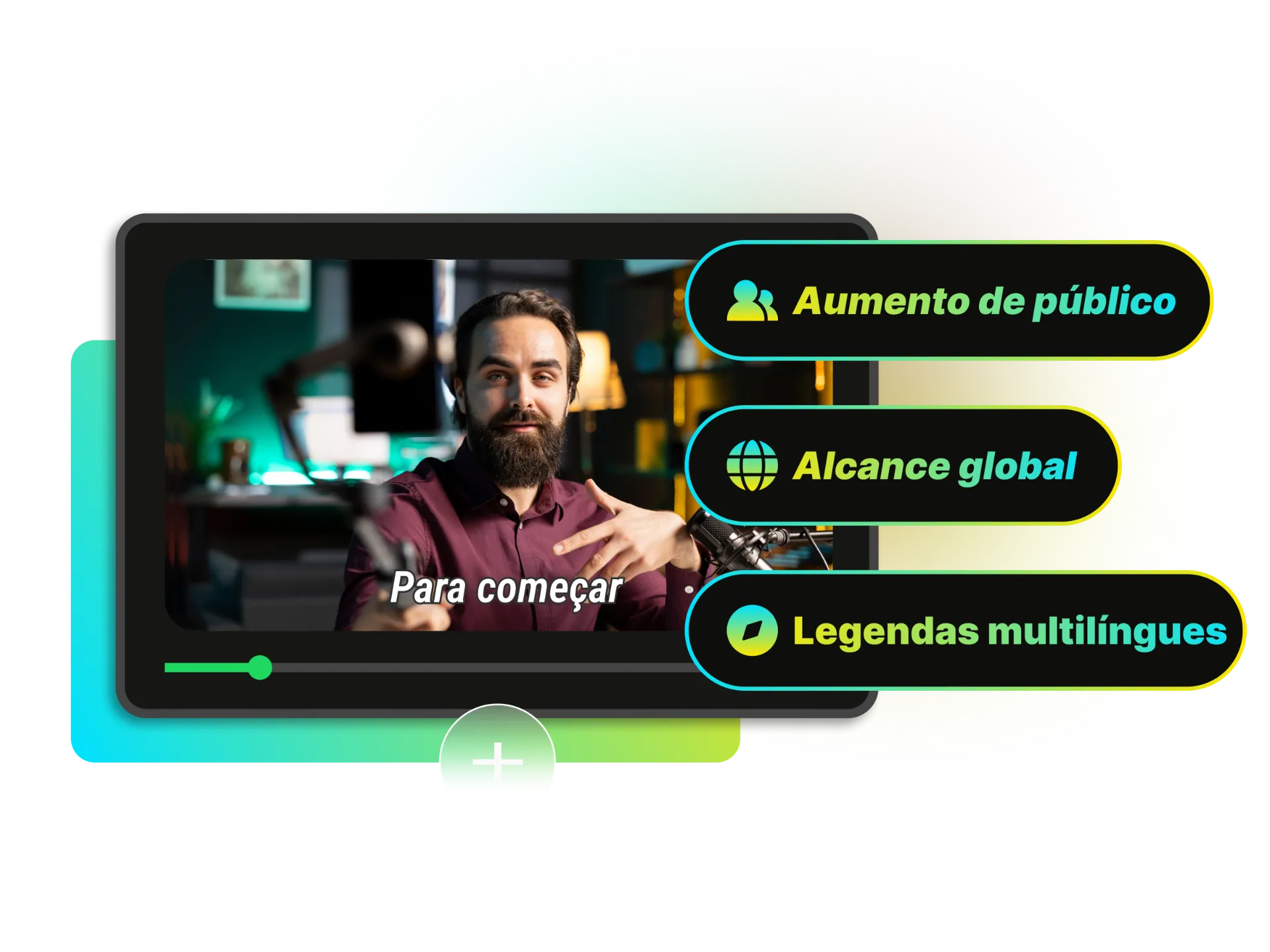 Uma imagem da interface de um vídeo no YouTube, com o ícone de legenda/CC destacado e um gráfico a mostrar aumento de visualizações